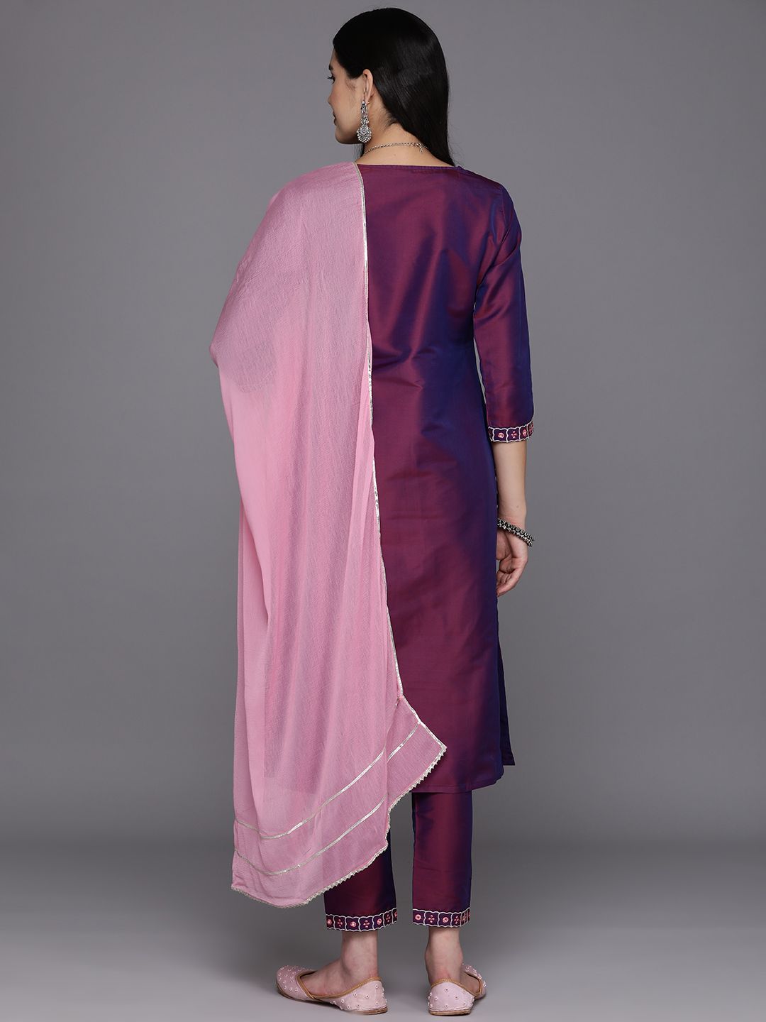 Libas Floral Embroidered Regular Mirror Work Kurta With Trousers & Dupatta