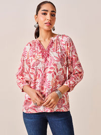 Global Desi Floral Printed Mandarin Collar Top