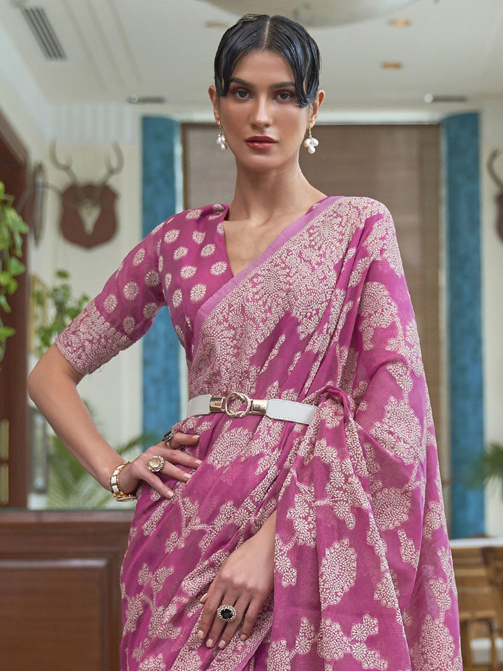 Mitera Pink & White Woven Design Linen Blend Muga Saree