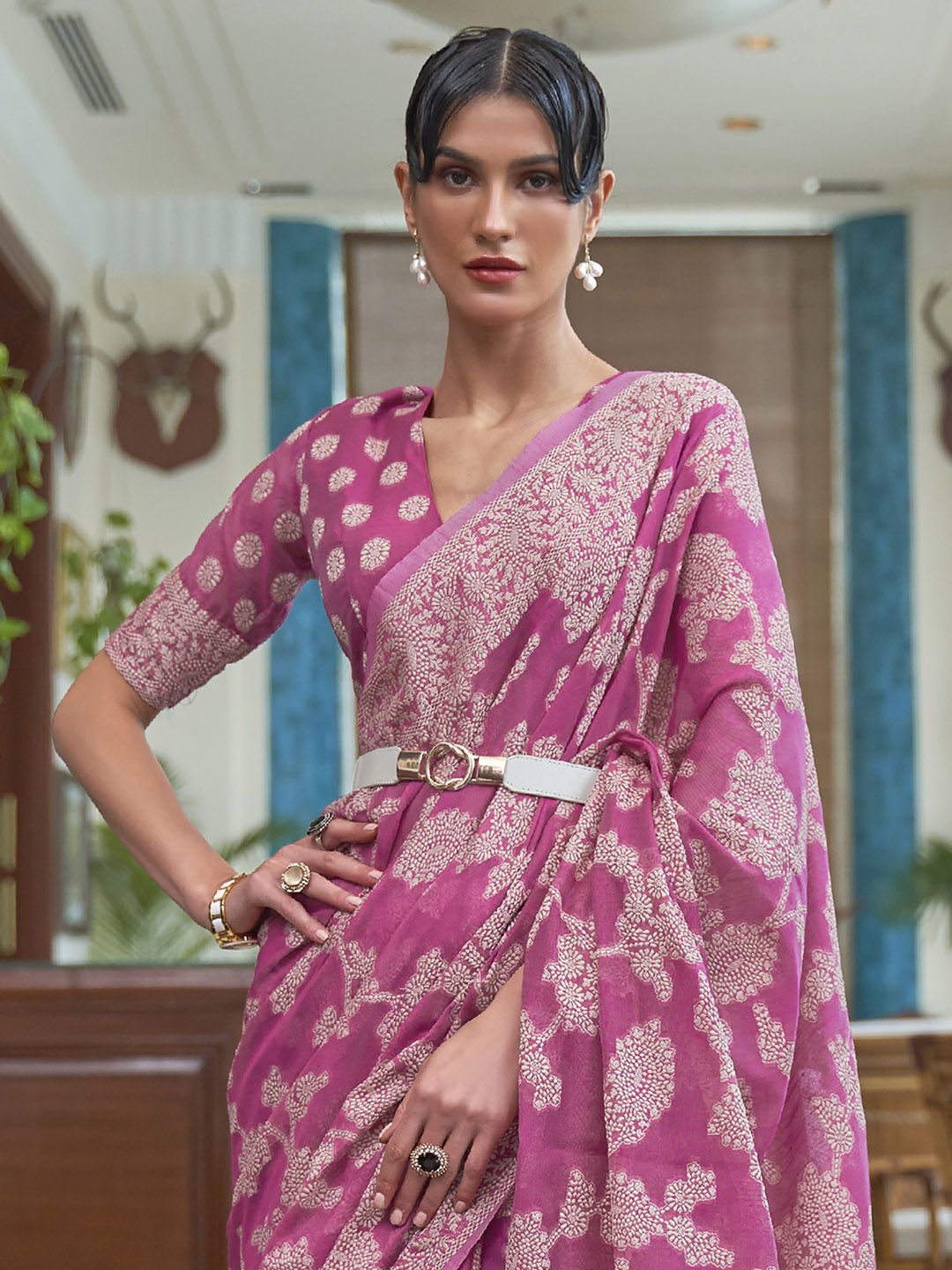 Mitera Pink & White Woven Design Linen Blend Muga Saree