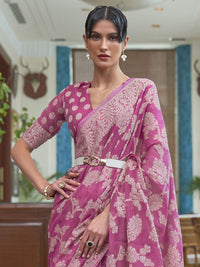 Mitera Pink & White Woven Design Linen Blend Muga Saree