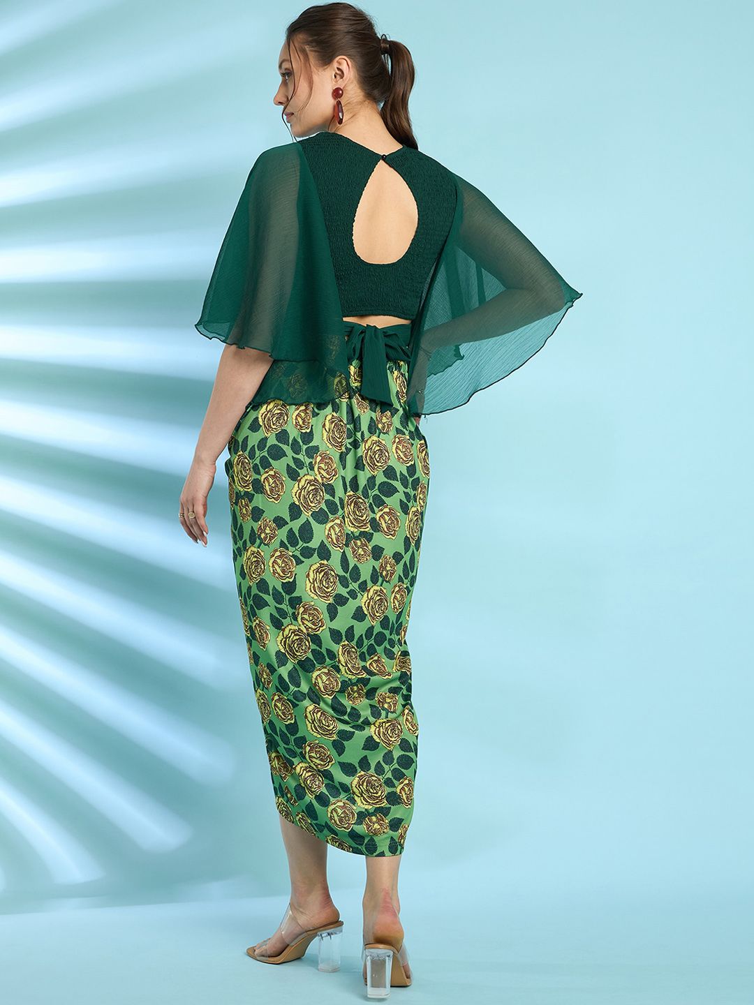 Antheaa Green Flared Sleeves Smocked Crop Top With Skirt