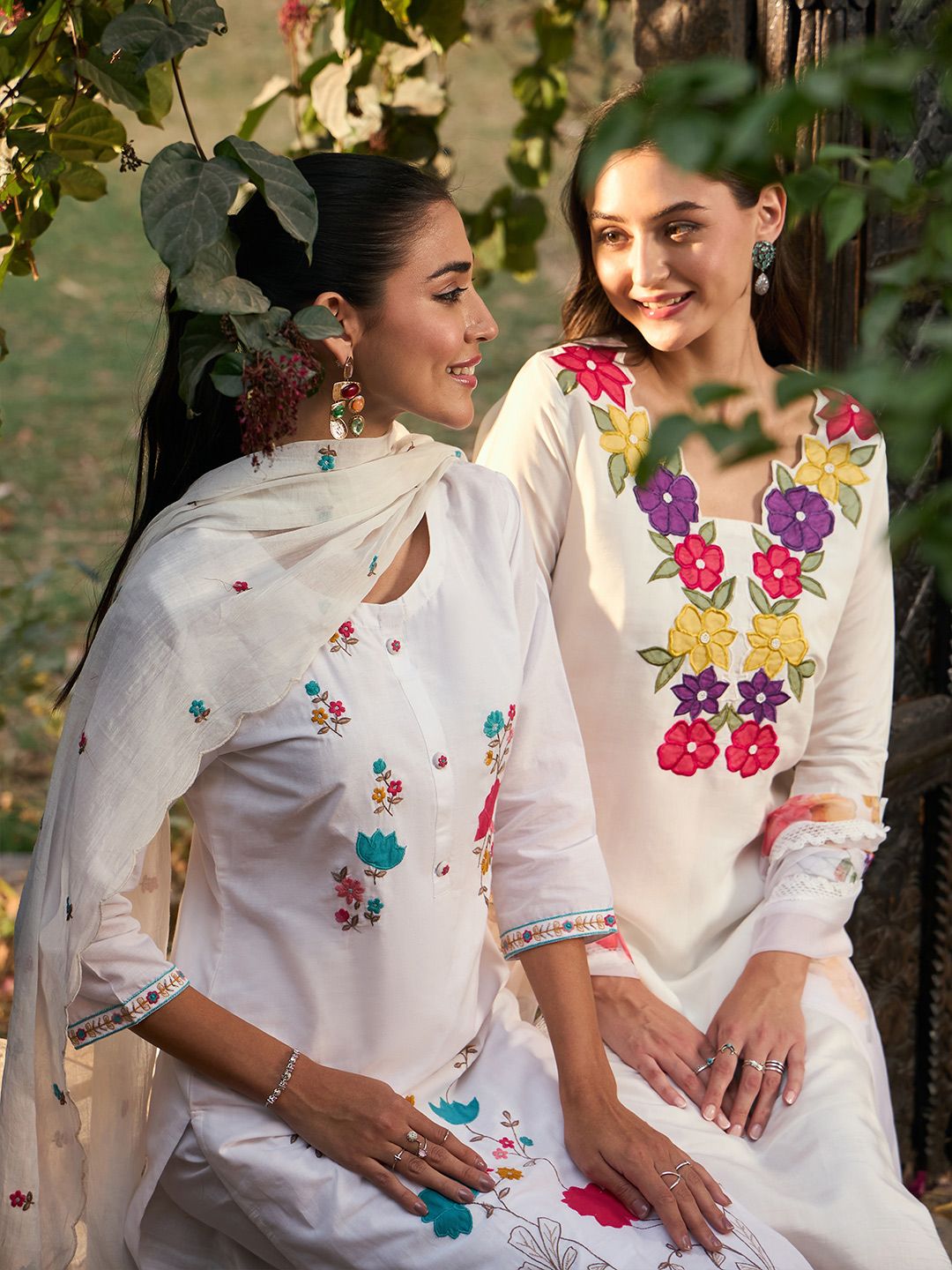 Indo Era Floral Embroidered Pure Cotton Straight Kurta With Trousers & Dupatta