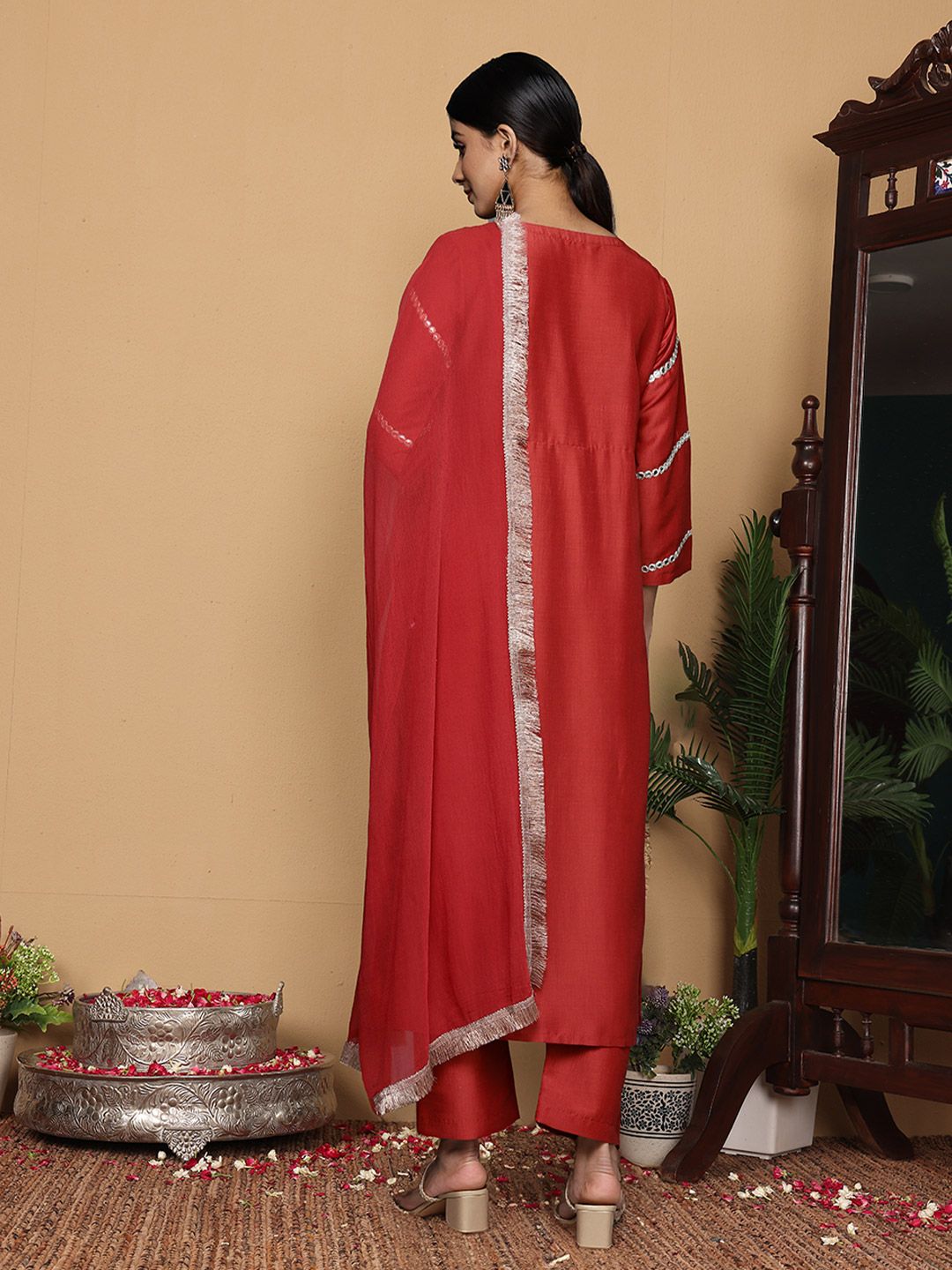 Varanga Embroidered Empire Mirror Work Kurta With Trousers & With Dupatta