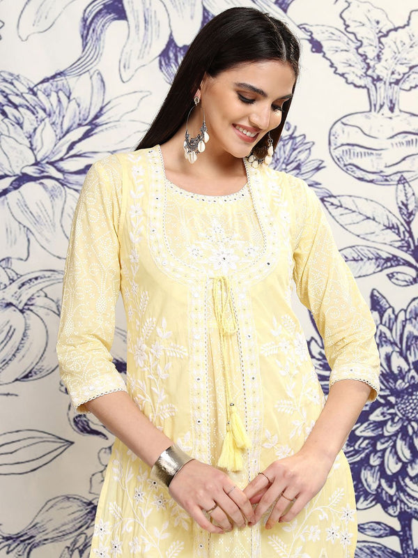 Vishudh Yellow Floral Embroidered Tiered Cotton Midi Fit & Flare Dress With Shrug