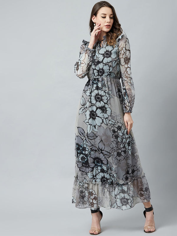 Athena Grey & Black Floral Printed Maxi Dress