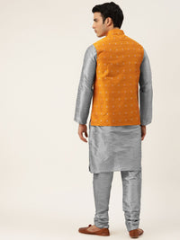 SOJANYA Men Grey Kurta with Churidar & Nehru Jacket