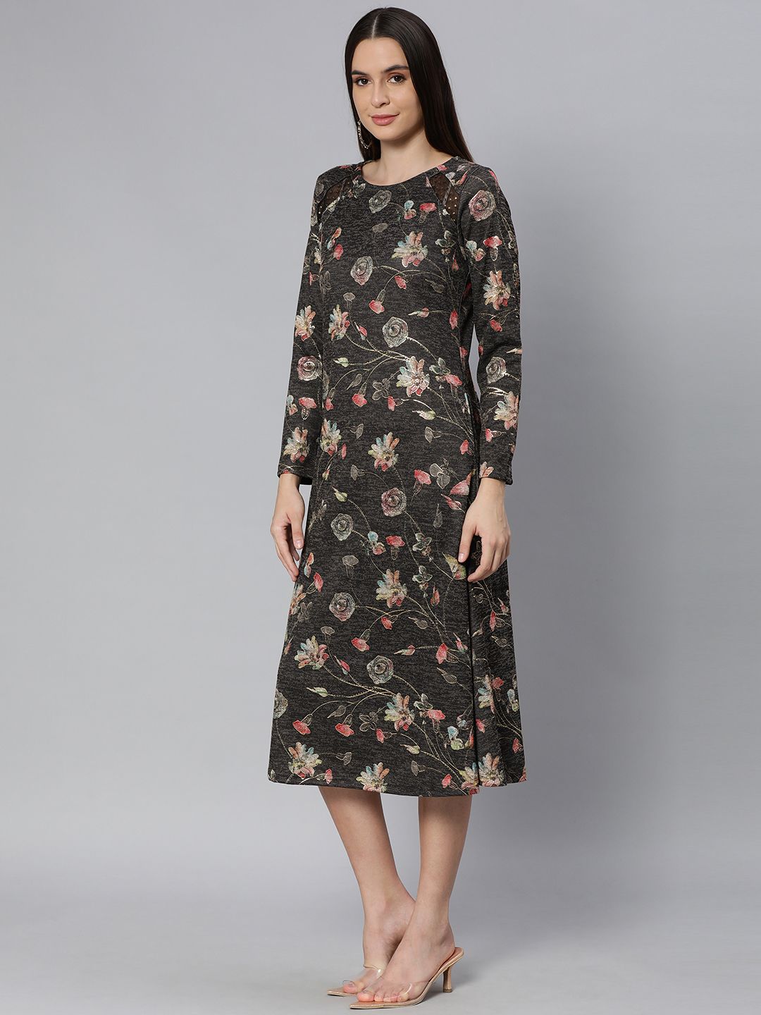 Global Desi Women Charcoal Grey Floral Printed Midi A-Line Dress