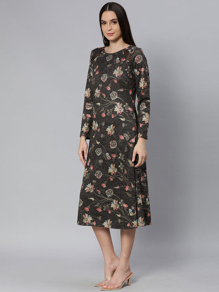 Global Desi Women Charcoal Grey Floral Printed Midi A-Line Dress