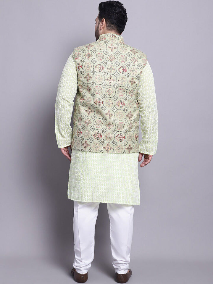 SOJANYA PLUS Etnik Sulam Kurta Kapas Tulen Lurus & Piyama Dengan Jaket Nehru