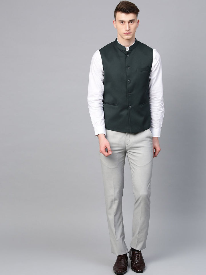MANQ Men Green Slim Fit Solid Nehru Jacket