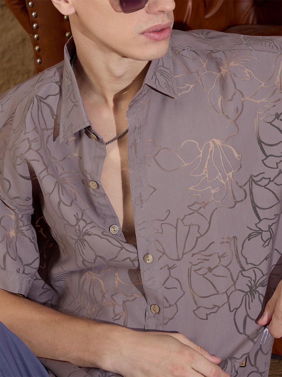 DENNISON Men Semi Sheer Floral Printed Oversized Shirt