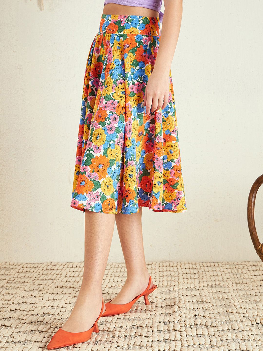 Berrylush Yellow Orange Floral Print Pleated A-Line Knee Length Skirt