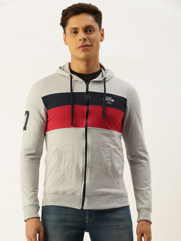 The Indian Garage Co Men Grey Melange & Navy Blue Colourblocked Hooded Sweatshirt