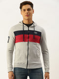 The Indian Garage Co Men Grey Melange & Navy Blue Colourblocked Hooded Sweatshirt
