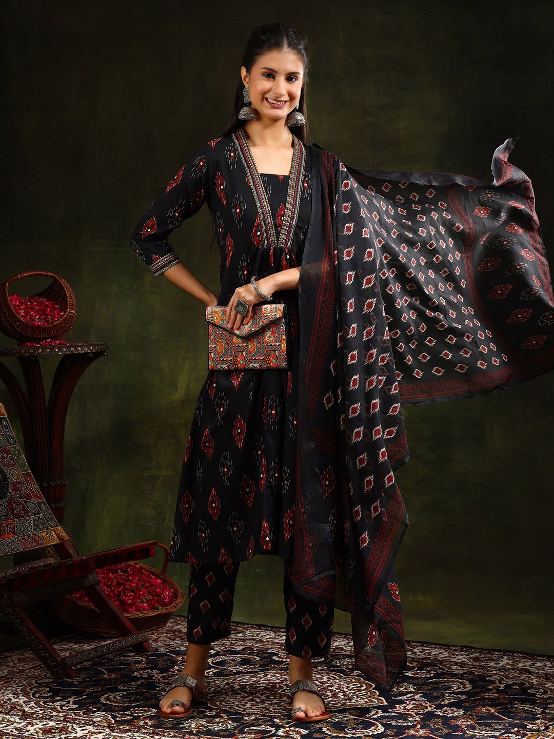KALINI Floral Printed V-Neck Pleated A-Line Kurta With Trouser And Dupatta