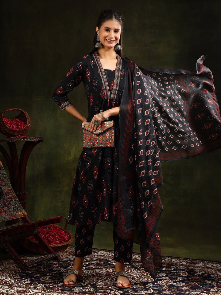 KALINI Floral Printed V-Neck Pleated A-Line Kurta With Trouser And Dupatta