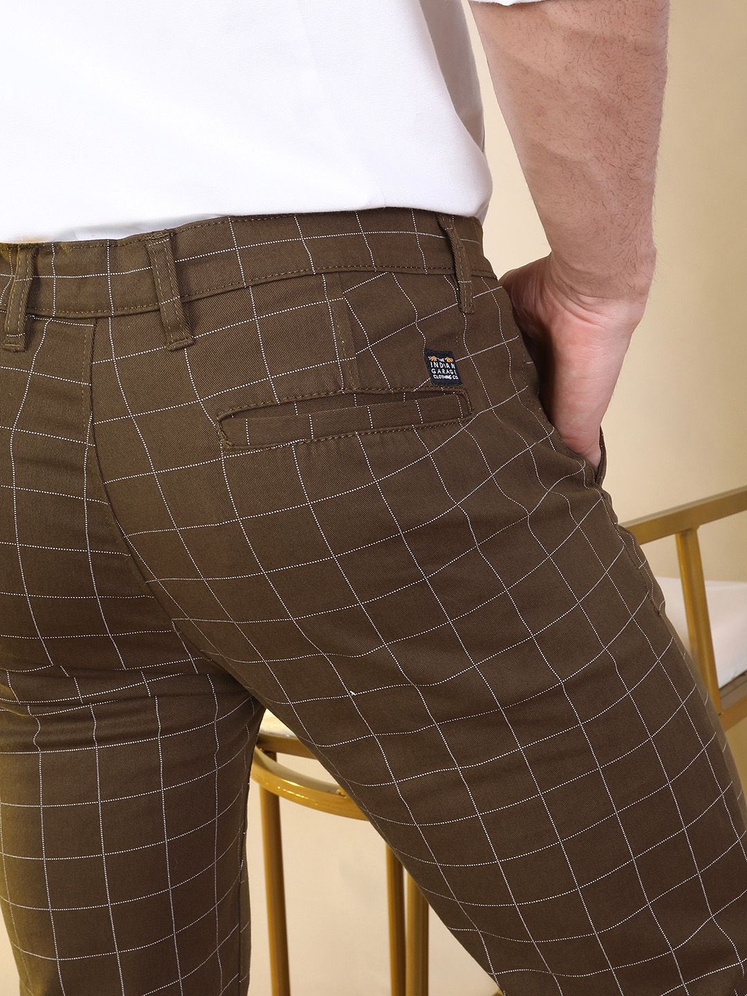 The Indian Garage Co Men Brown Slim Fit Checked Regular Trousers