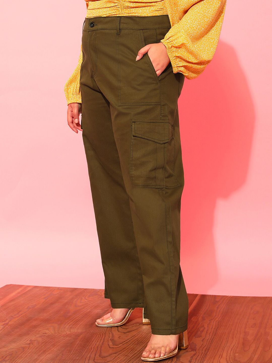 CURVY STREET Women Plus Size Olive Green Relaxed Straight Leg Pure Cotton Trousers