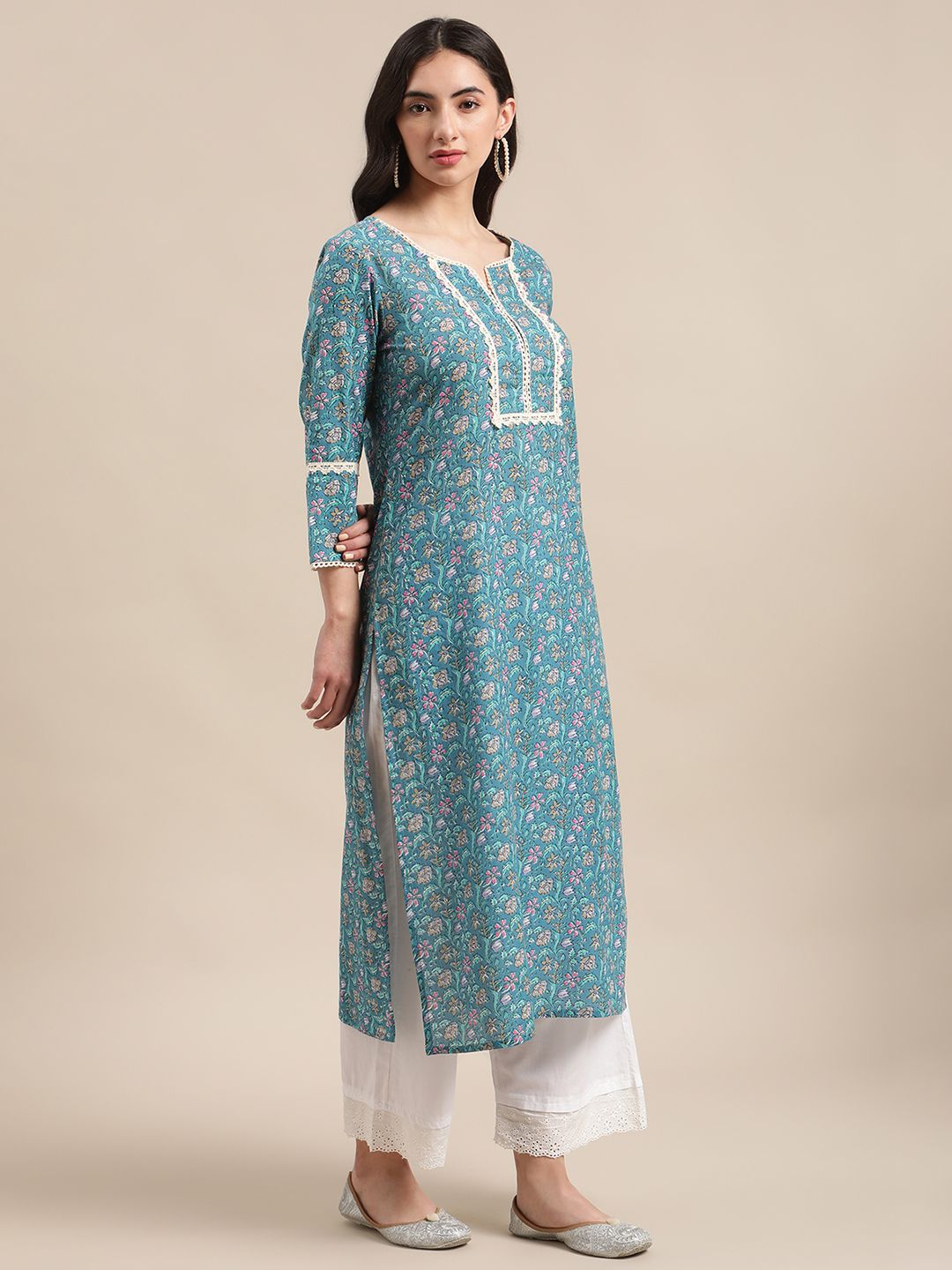 Varanga Women Blue Jaipuri Floral Print Pure Cotton Lace Detailed Kurta