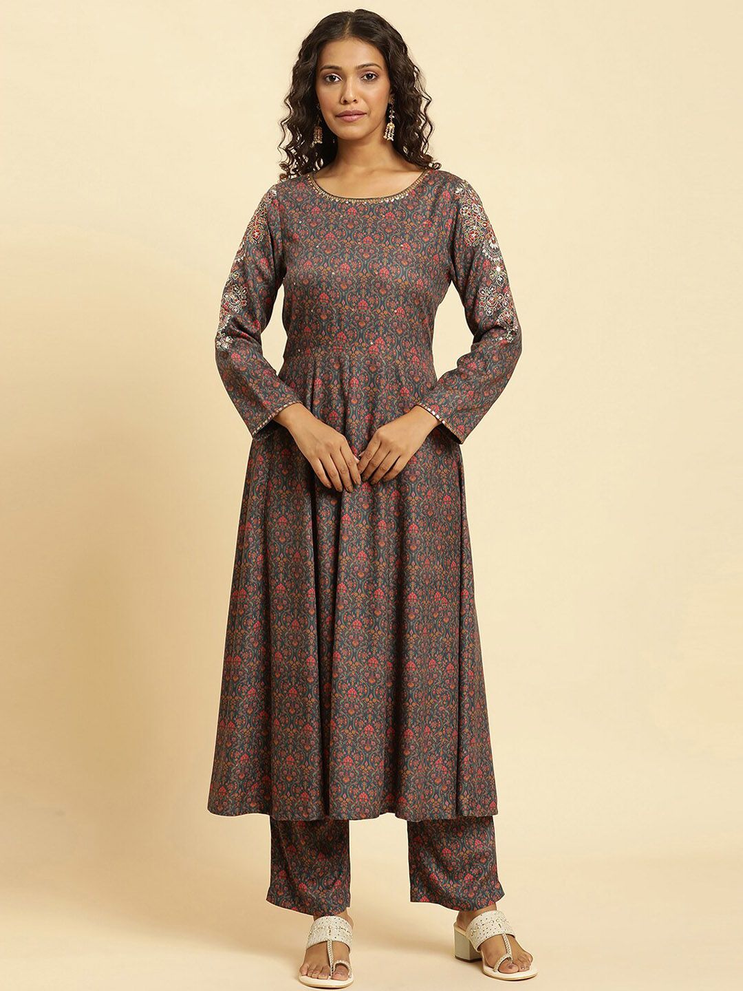 W Ethnic Motifs Printed Regular Sequinned Kurta with Trousers