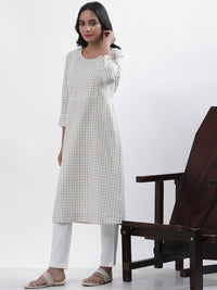 W Women Checked Thread Work A-Line Kurta