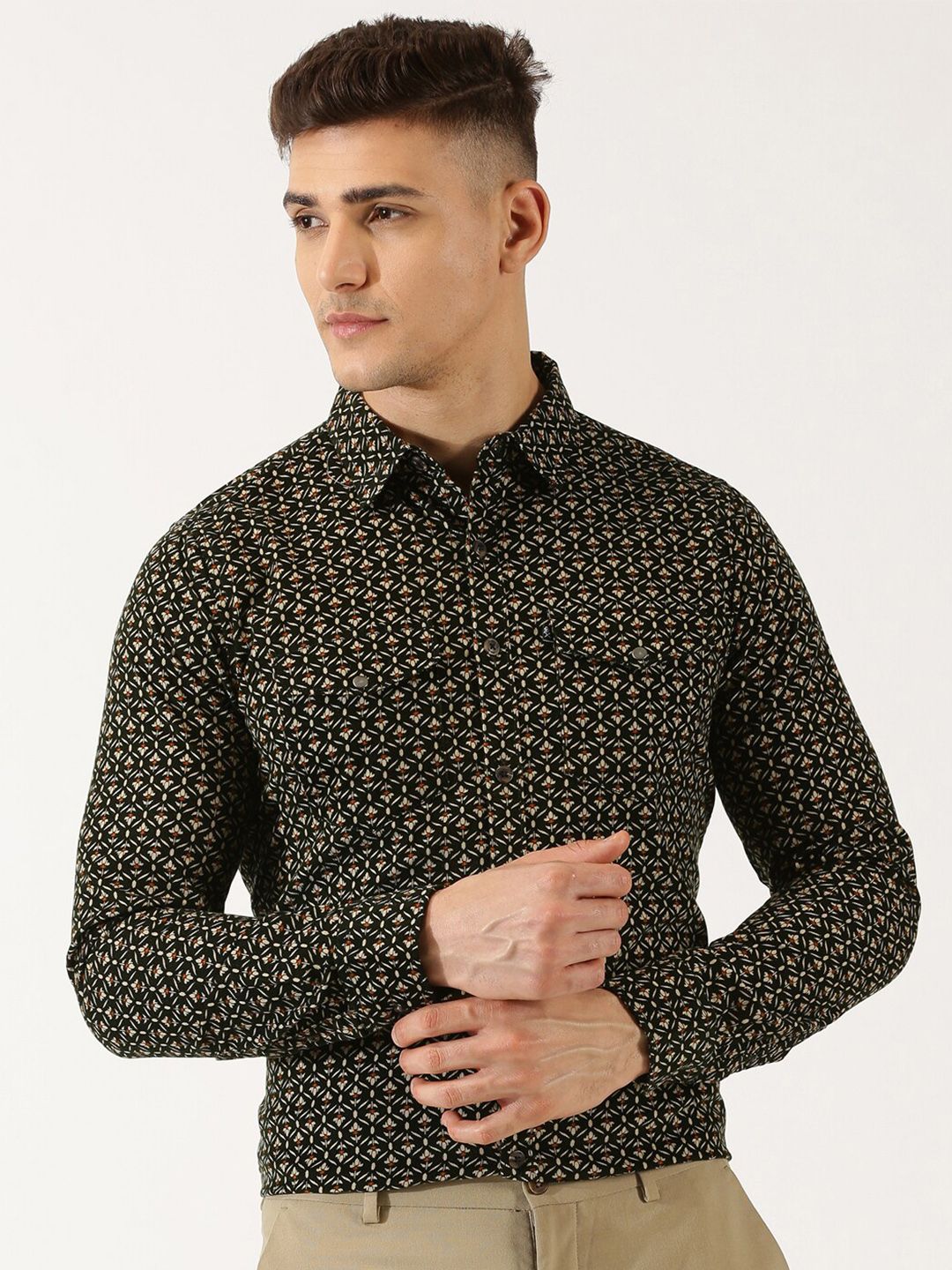 Thomas Scott Classic Slim Fit Floral Printed Cotton Corduroy Semiformal Shirt