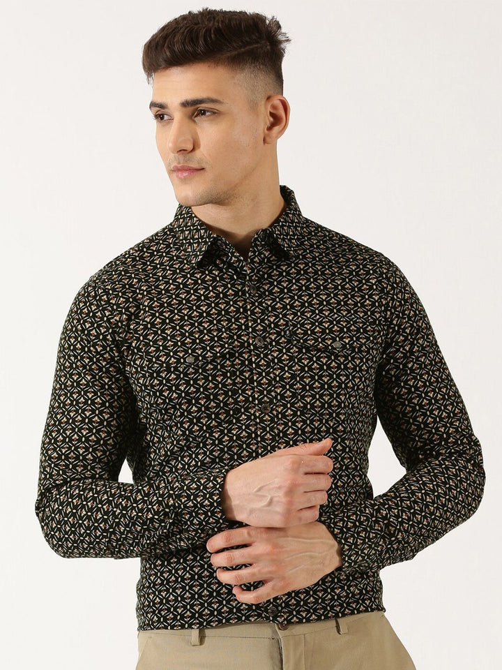 Thomas Scott Classic Slim Fit Floral Printed Cotton Corduroy Semiformal Shirt