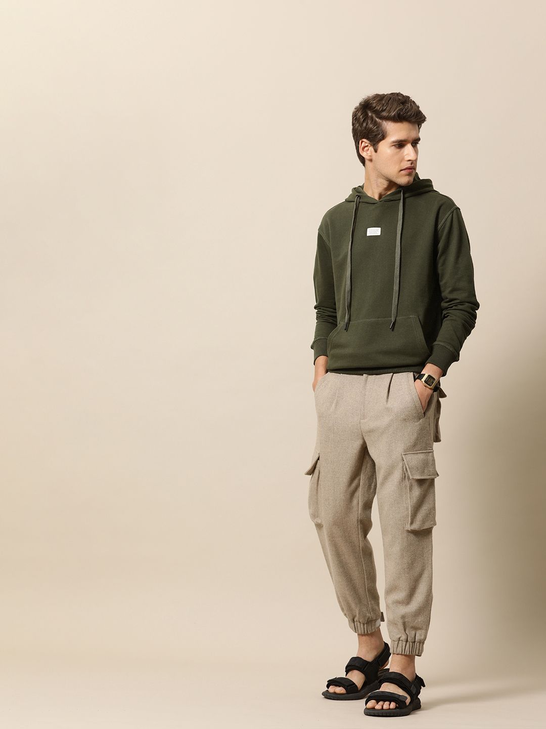 Mr Bowerbird Men Olive Green Solid Hooded Sweatshirt
