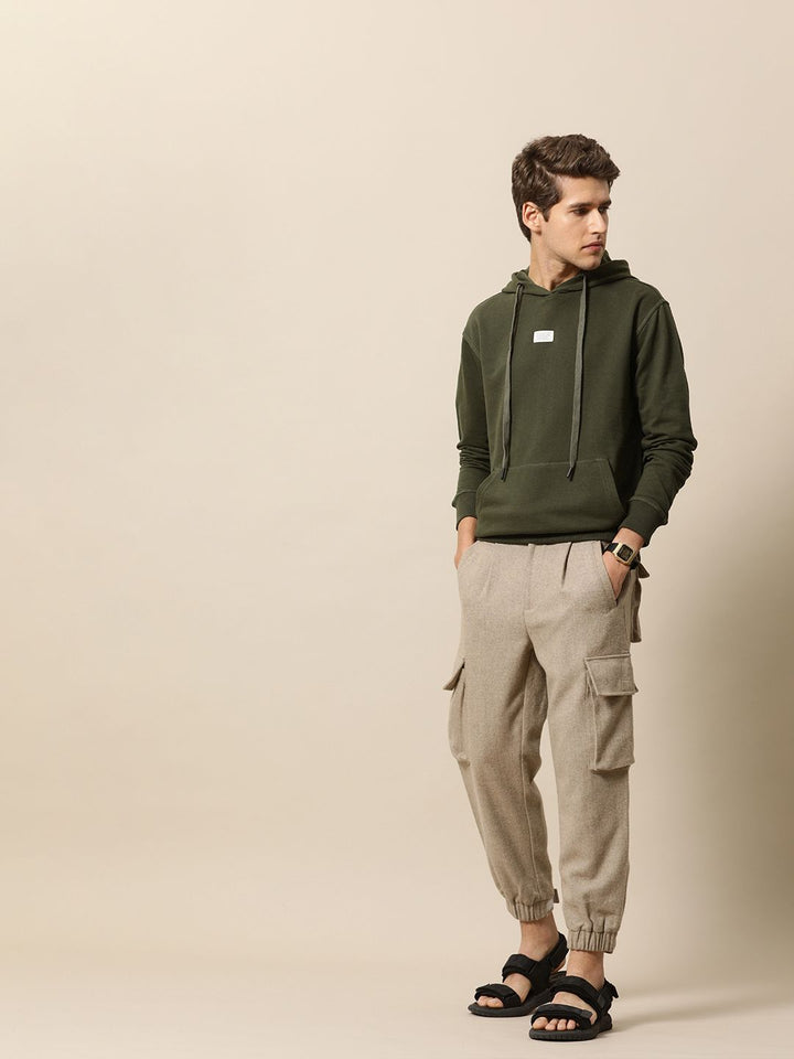 Mr Bowerbird Men Olive Green Solid Hooded Sweatshirt