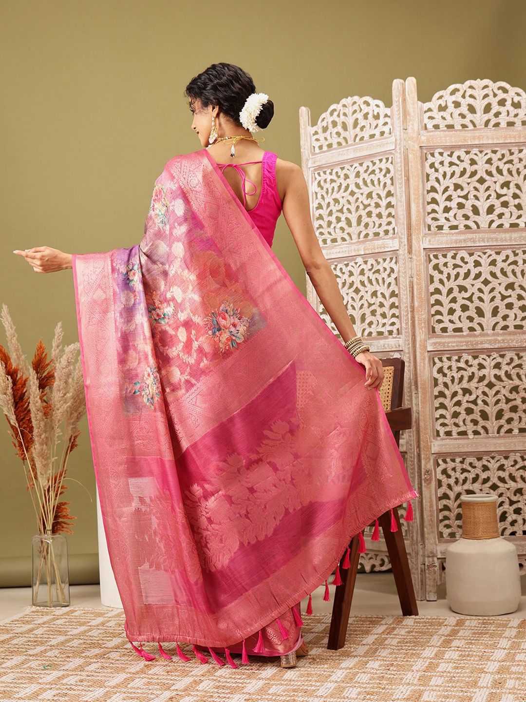 Silk Land Woven Banarasi Floral  Digital Print Saree