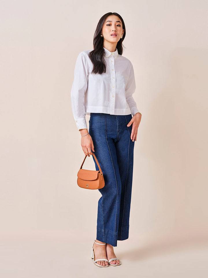 AND Women Solid Cotton Long Sleeves Shirt Style Top