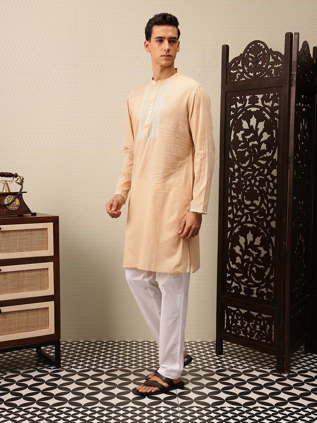 House of Pataudi Striped & Embroidered Jashn Kurta
