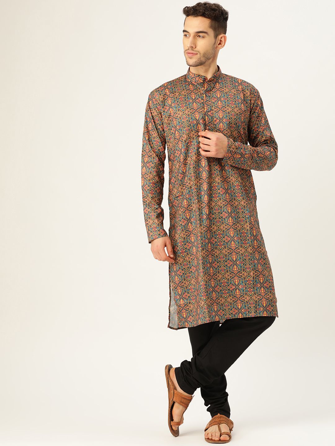SOJANYA Men Teal Green & Pink Printed Straight Kurta