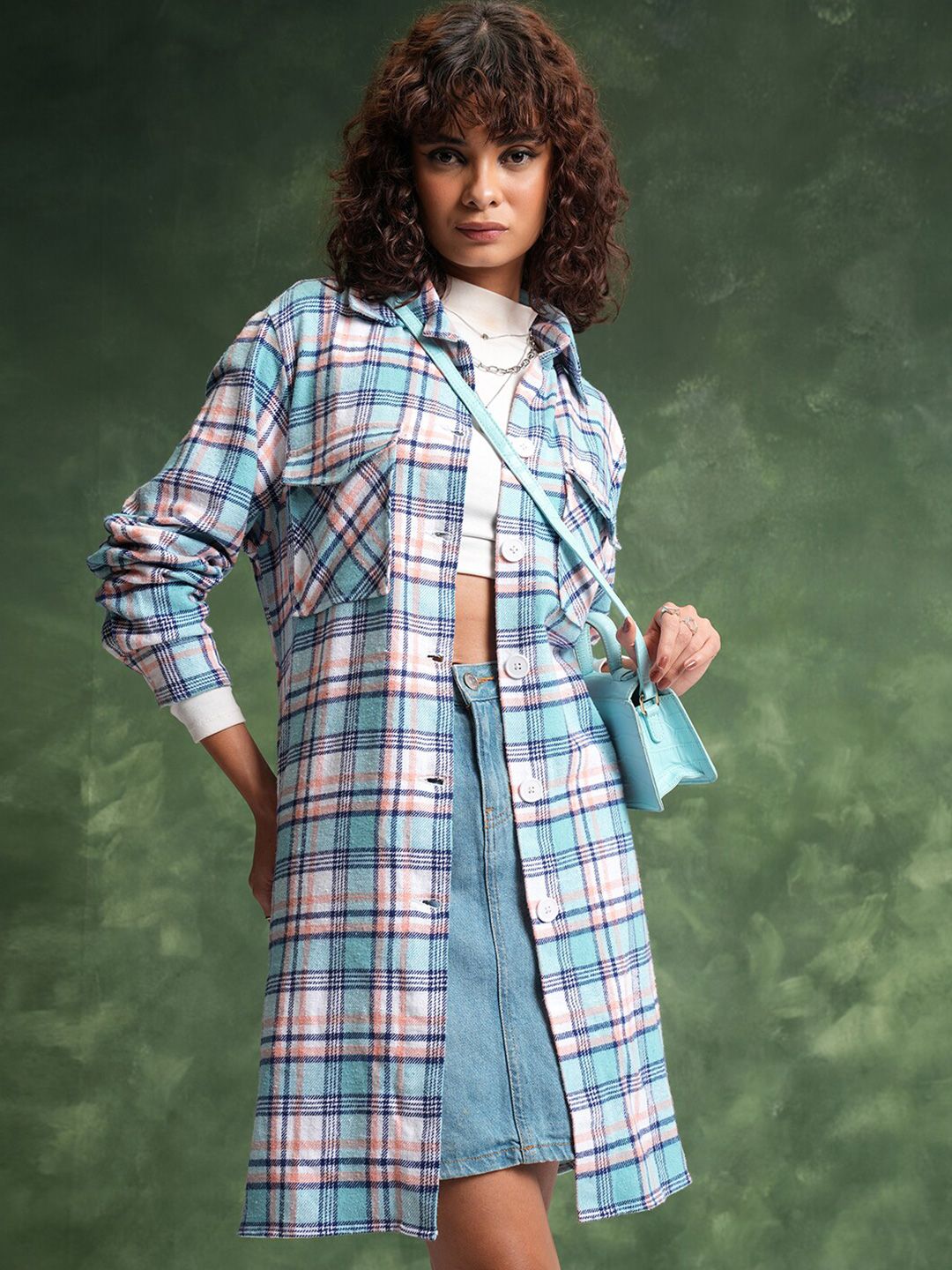 Tokyo Talkies Tartan Checked Cuban Collar Oversized Flannel Shirt