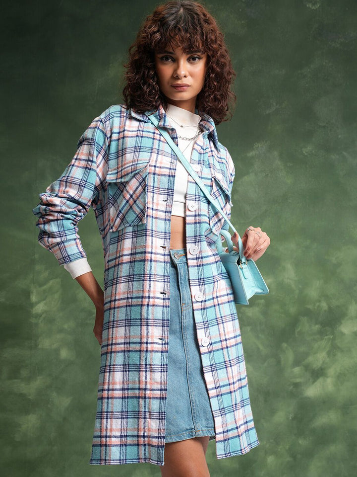 Tokyo Talkies Tartan Checked Cuban Collar Oversized Flannel Shirt