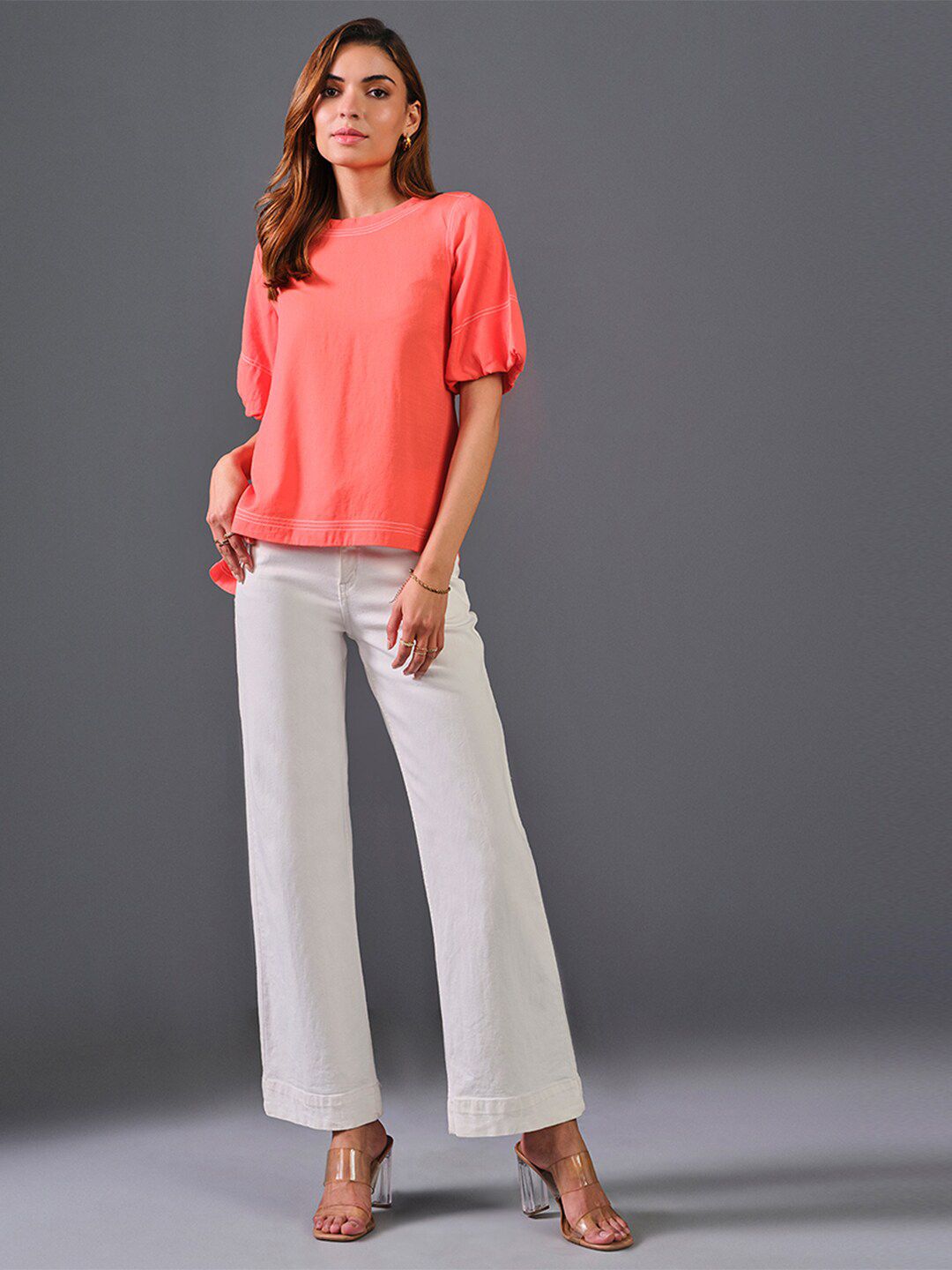 AND Round Neck Puff Sleeves High-Low Top