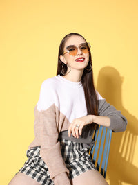 Berrylush Women White Colourblocked Block & Patch Sweater