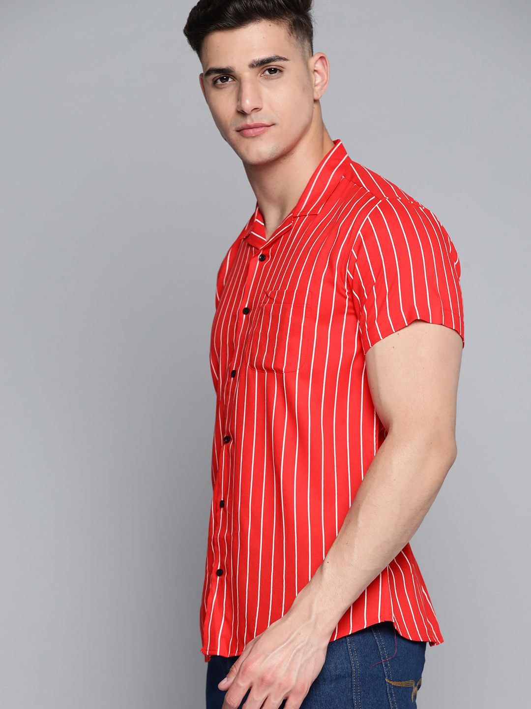 DENNISON Men Red Striped Smart Slim Fit Casual Shirt