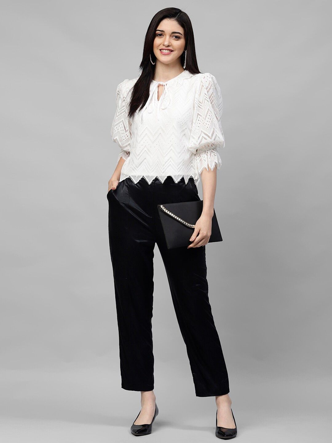Athena White Tie-Up Neck Puff Sleeves Lace Top