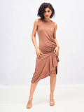 SASSAFRAS Brown Ruffled Asymmetric Sheath Midi Dress