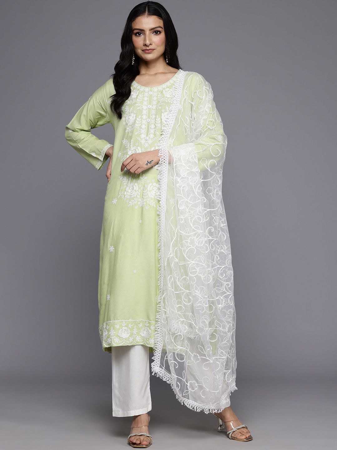 Varanga Floral Embroidered Chikankari Kurta With Trousers & Dupatta