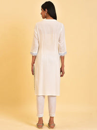 W White & Blue Ethnic Motifs Printed Mirror Work Mandarin Collar Kurta
