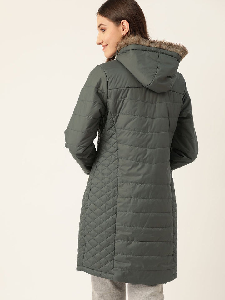 DressBerry Women Olive Green Quilted Longline Hooded Parka Jacket