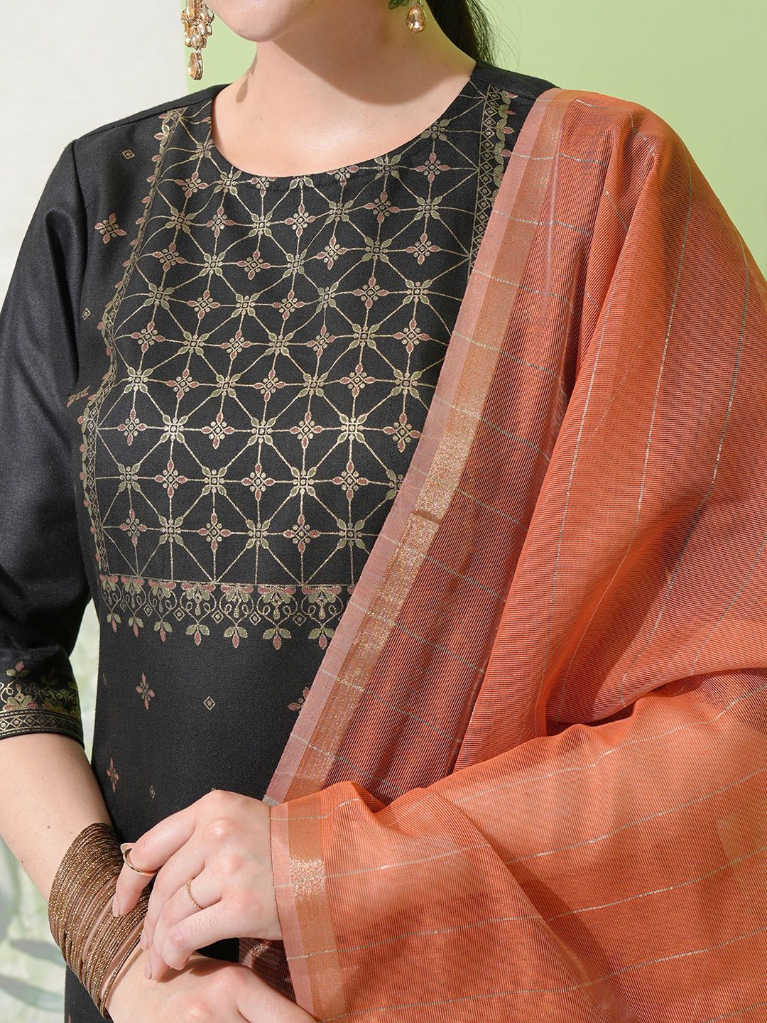Vishudh Black Ethnic Motifs Printed Straight Kurta With Palazzos & Dupatta