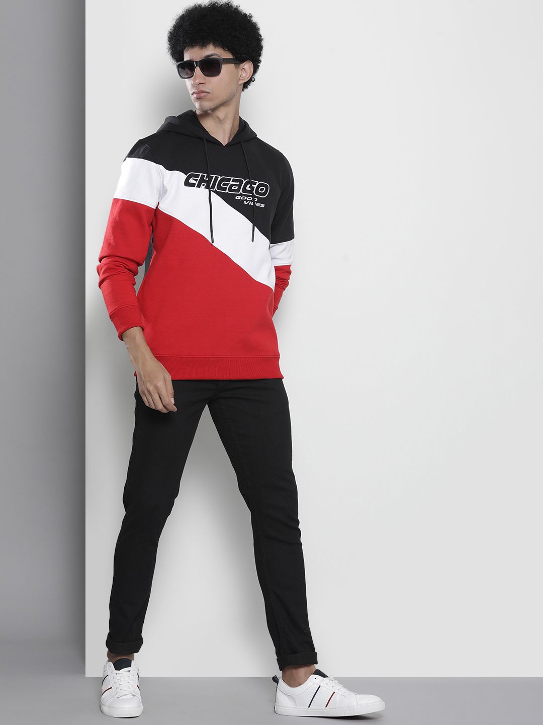 The Indian Garage Co Men Black & Red Striped Hooded Sweatshirt