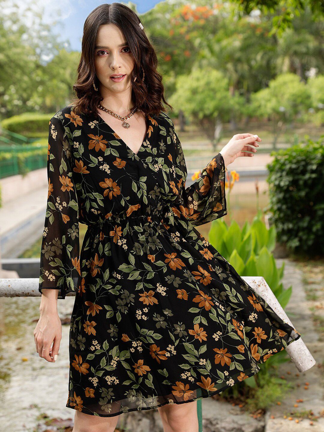 STREET 9 Black & Green Floral Printed Wrap Dress