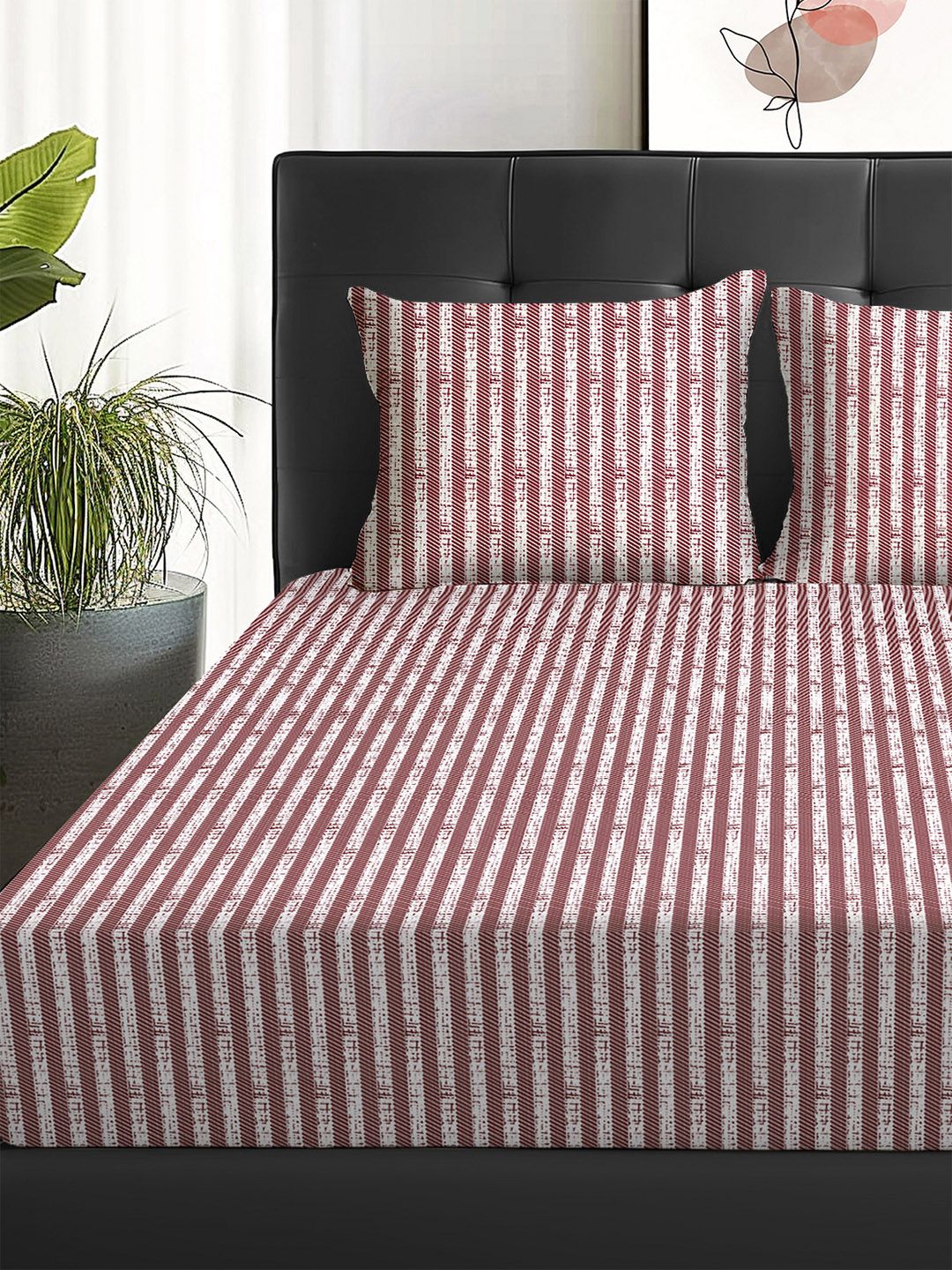 Story@home Arena Maroon & White Striped Microfiber 180 TC Queen Bedsheet & 2 Pillow Covers