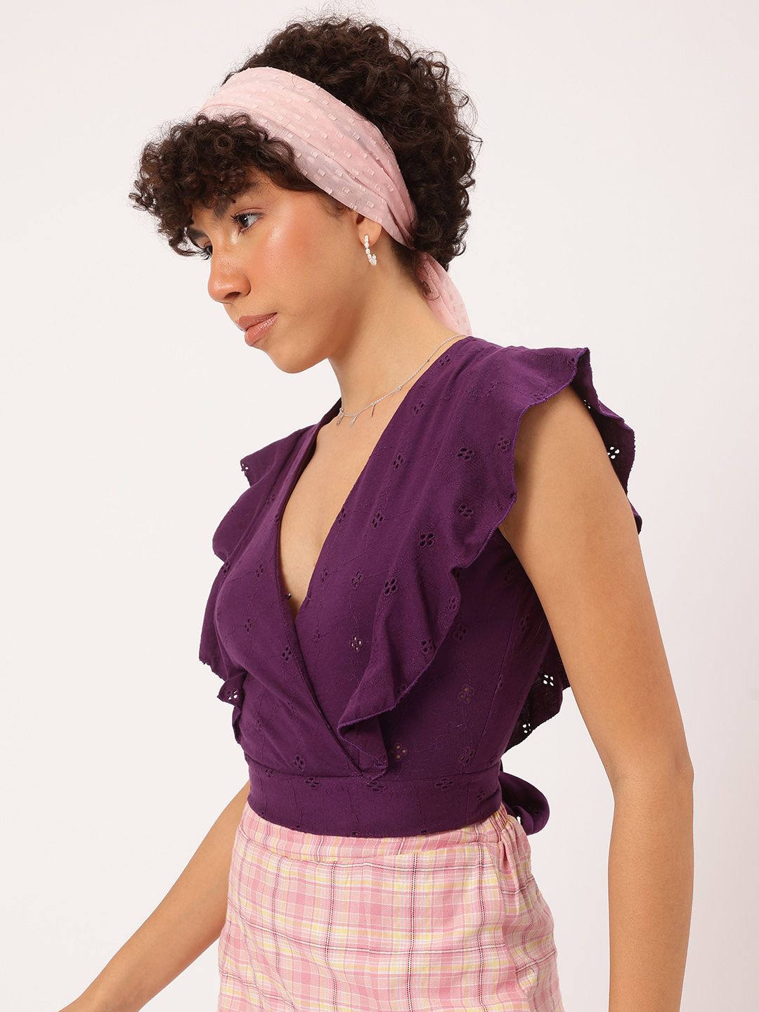DressBerry Radiant Ruffles Schiffli Tie-Up Back Wrap Top