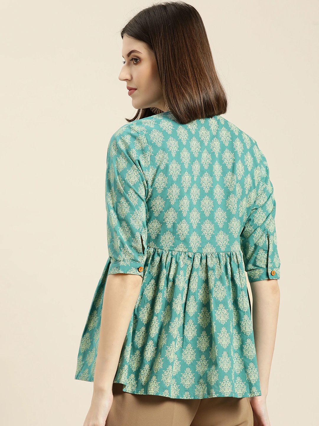 Shae by SASSAFRAS Women Teal Blue &amp; Off-White Printed A-Line Pure Cotton Top